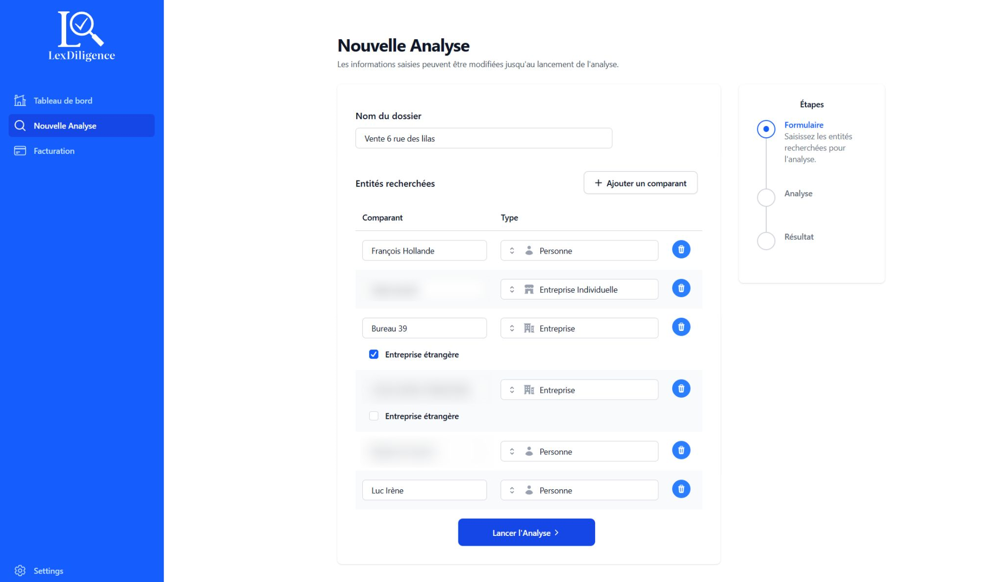 Saisie d'une nouvelle analyse en quelques secondes dans LexDiligence